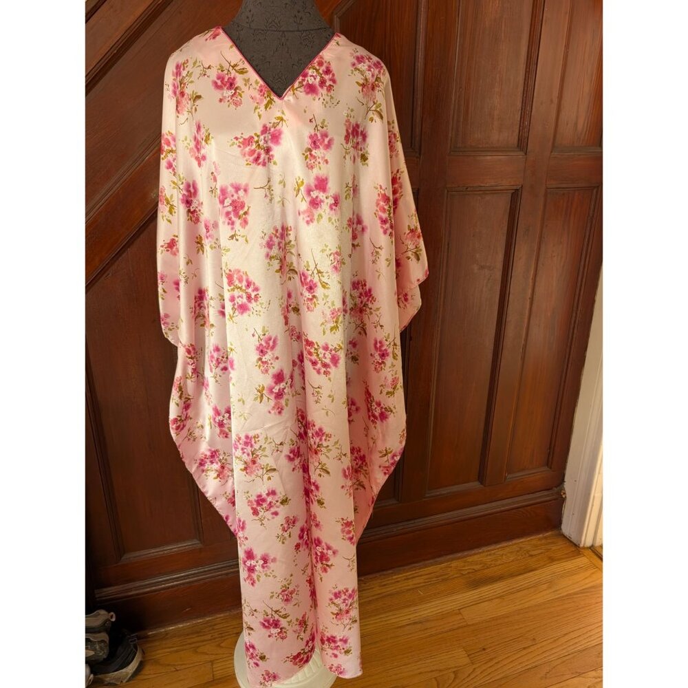 Collections Pink Floral Print Satin Kaftan Nightgown Kimono One Size Fits Most